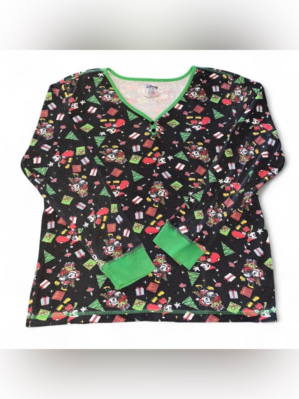 Disney Black Holiday Mickey Mouse Woman’s Pajama Top with Green Trim